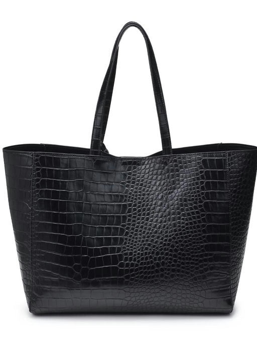 Black crocodile-patterned tote bag on a white background