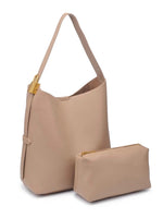 Beige handbag with matching pouch on a white background