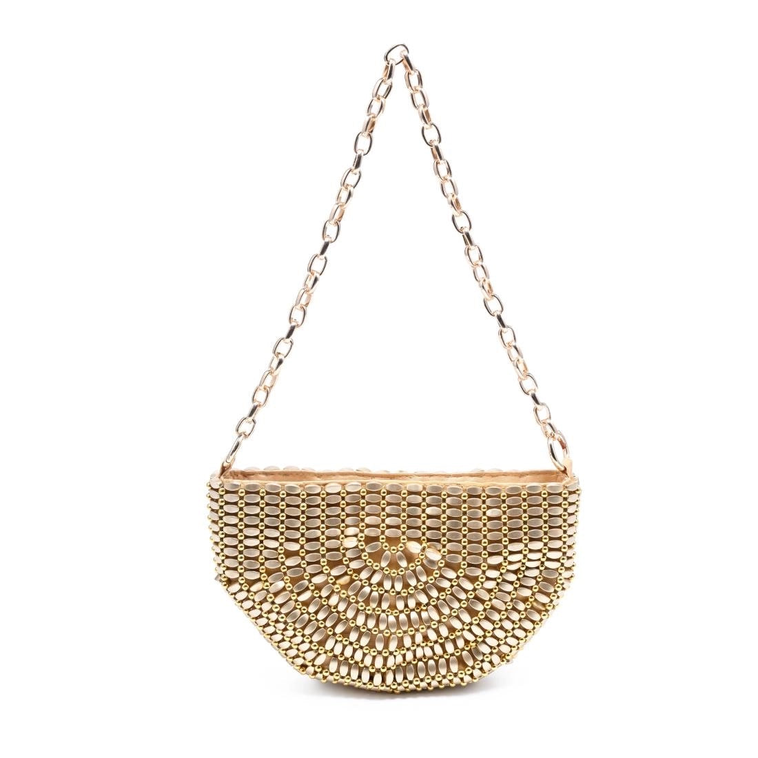 Gold beaded handbag with chain strap on a white background