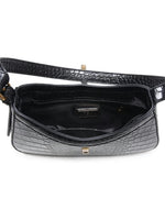 Black crocodile-patterned handbag on a white background