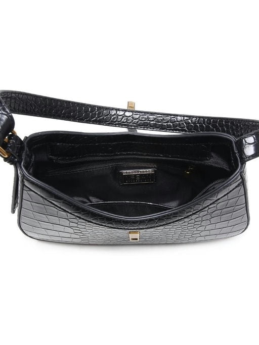 Black crocodile-patterned handbag on a white background