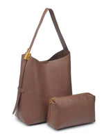 Brown leather handbag with matching pouch on a white background