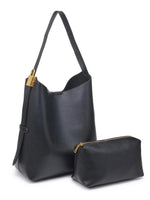 Black leather handbag with matching pouch on a white background
