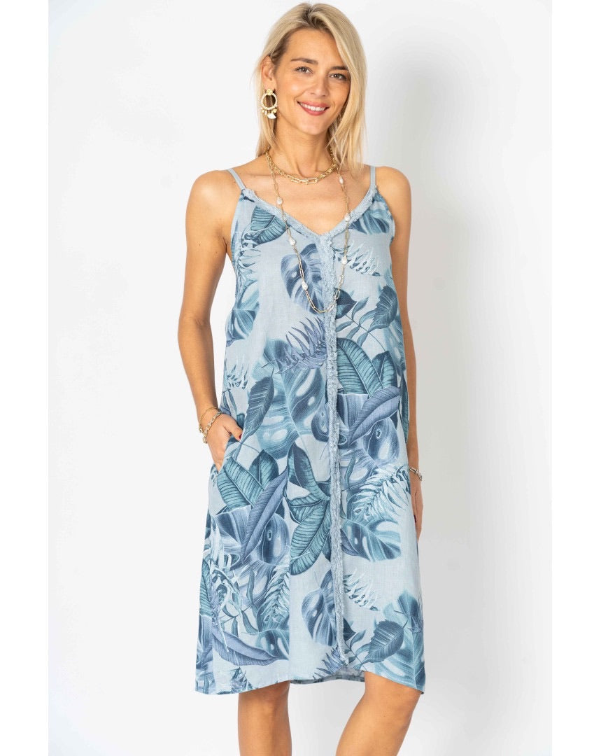 Marina Leaf Dress in Blue with tropical leaf print and relaxed summer silhouette