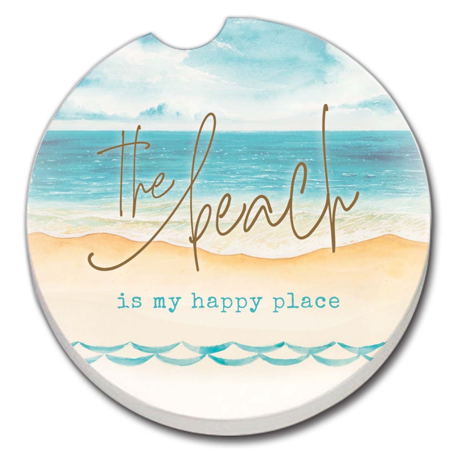 Absorbent stone car coaster with watercolor beach and ocean design featuring the phrase ‘The Beach is My Happy Place.’”