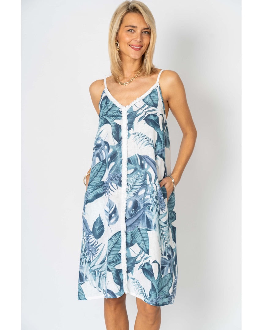 Blue and aqua leaf print linen dress at ardor boutique
