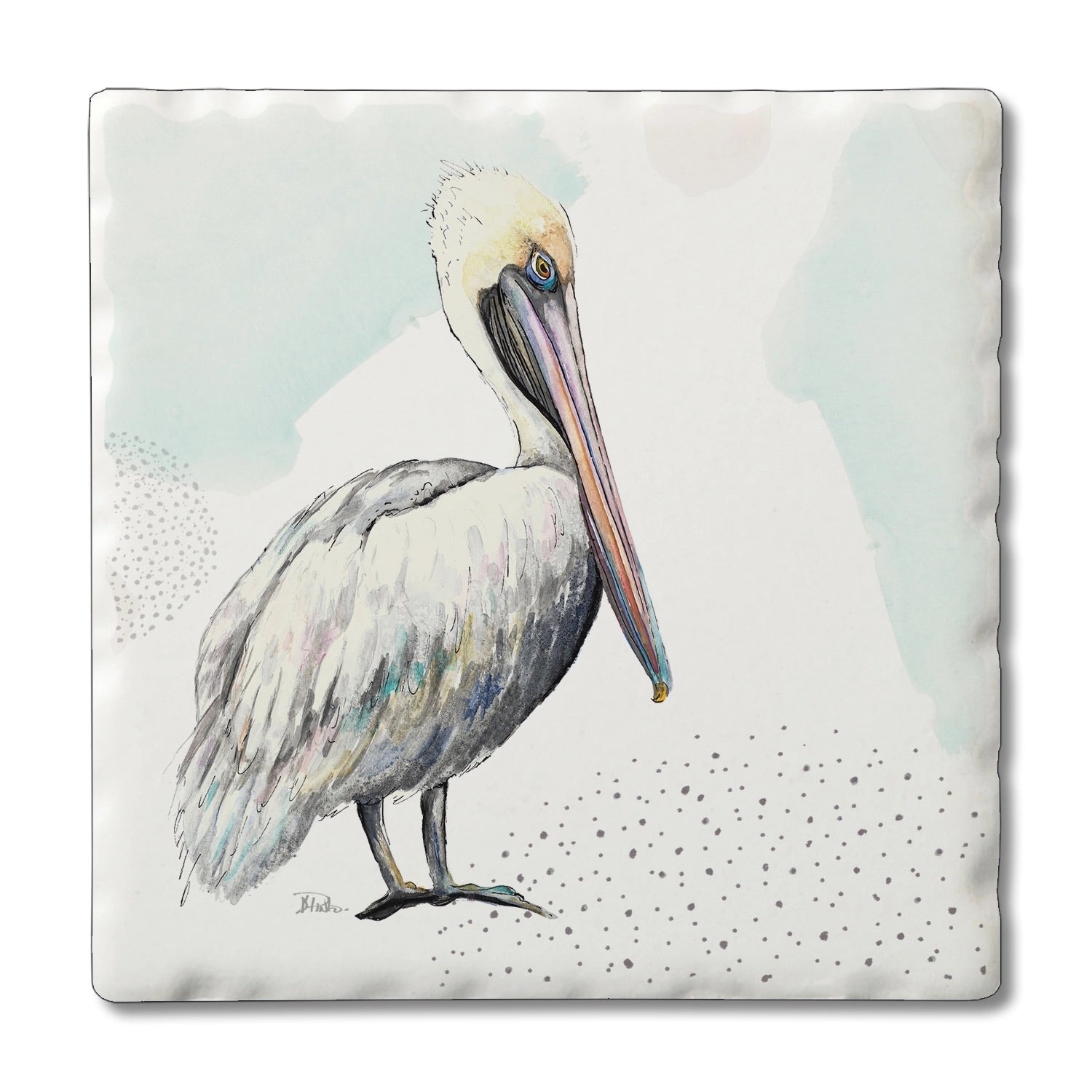 Square ceramic coaster featuring a watercolor-style pelican illustration with soft ocean background accents.