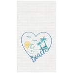 Heart-shaped design with beach elements on a textured white background