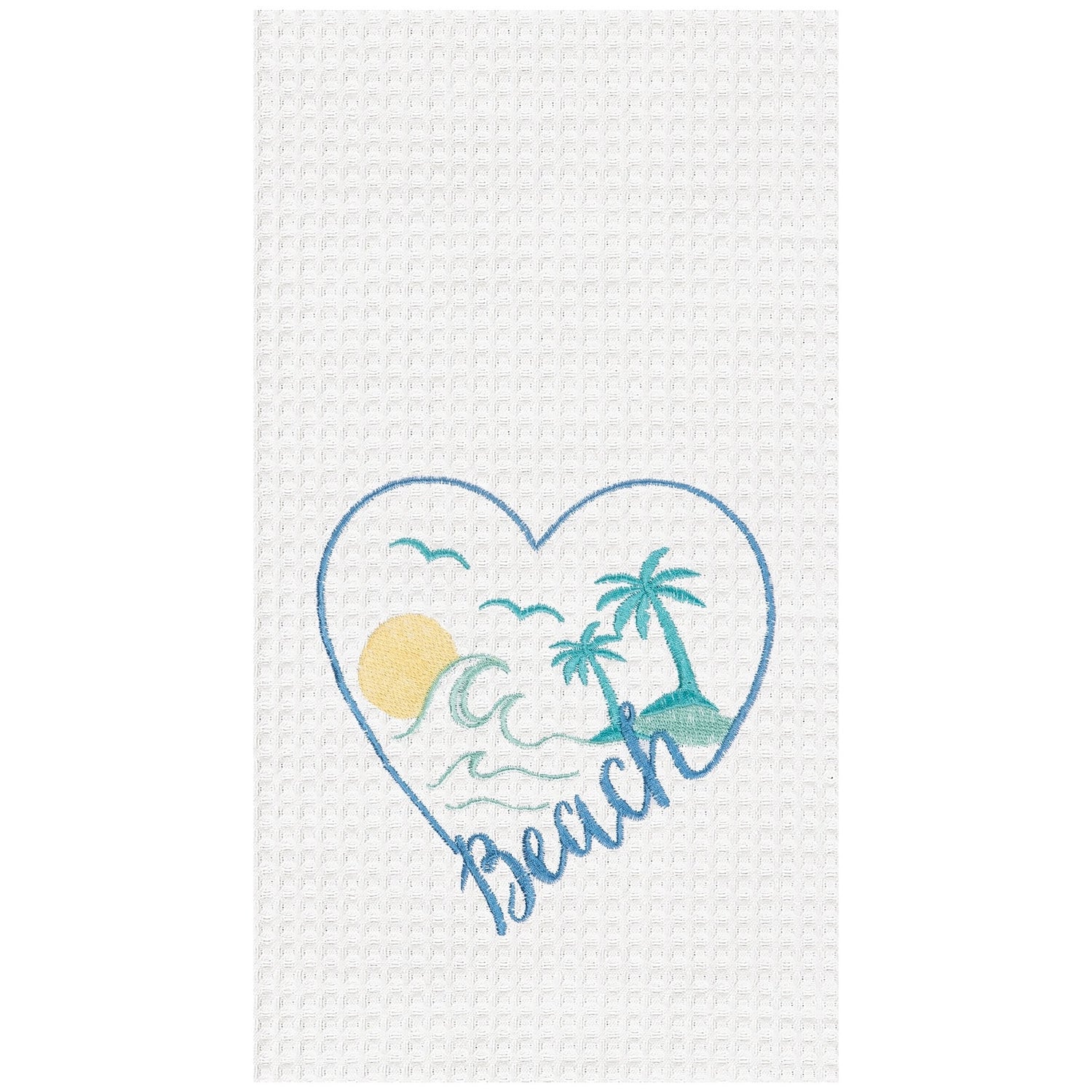 Heart-shaped design with beach elements on a textured white background
