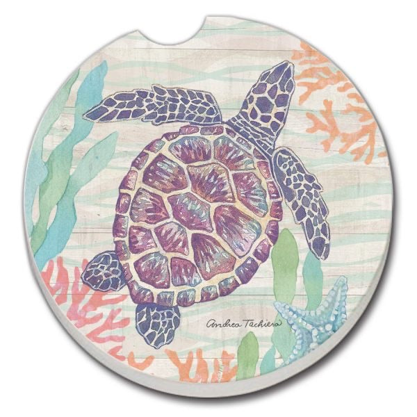 Car coaster with a colorful turtle design on a white background