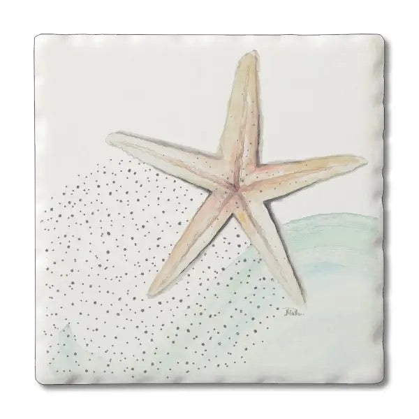 Starfish and faint wave design on a coaster with a white background