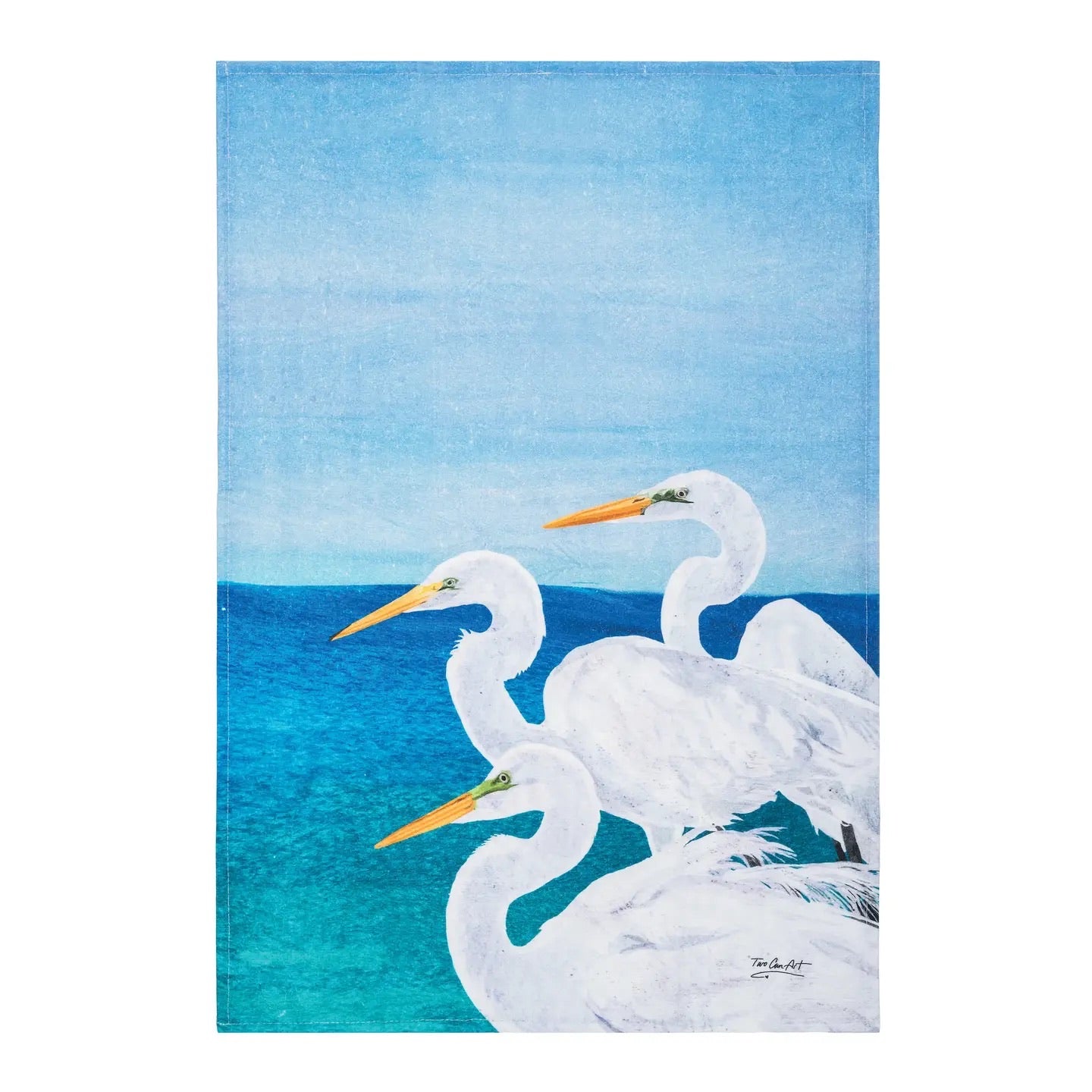 Artistic depiction of three white egrets by a blue water body