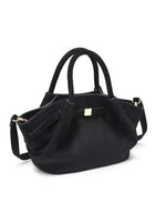 Black handbag with a gold clasp on a white background