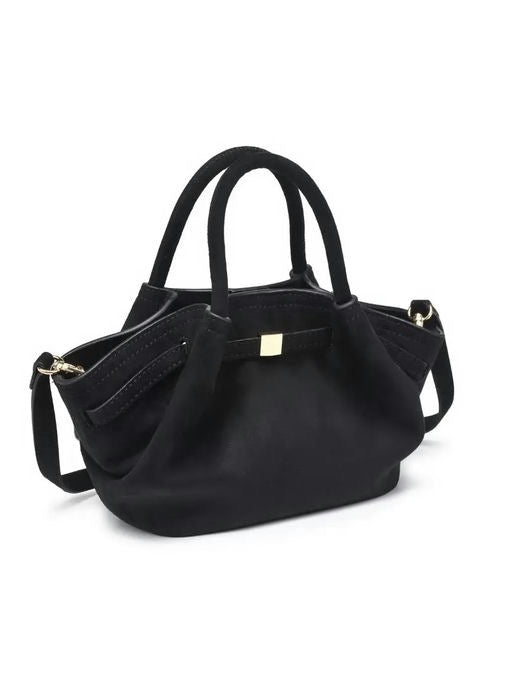 Black handbag with a gold clasp on a white background