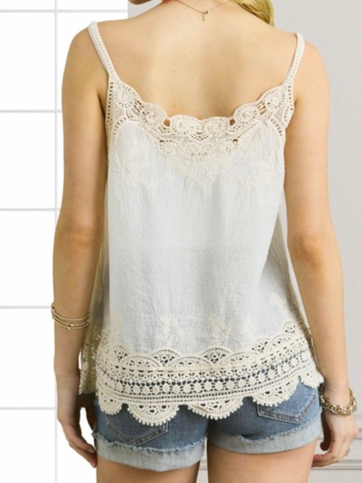 back of beige crochet tank top