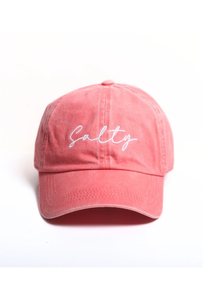 Coral cap with 'Salty' text on a white background