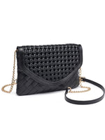 Black woven handbag with a chain strap on a white background