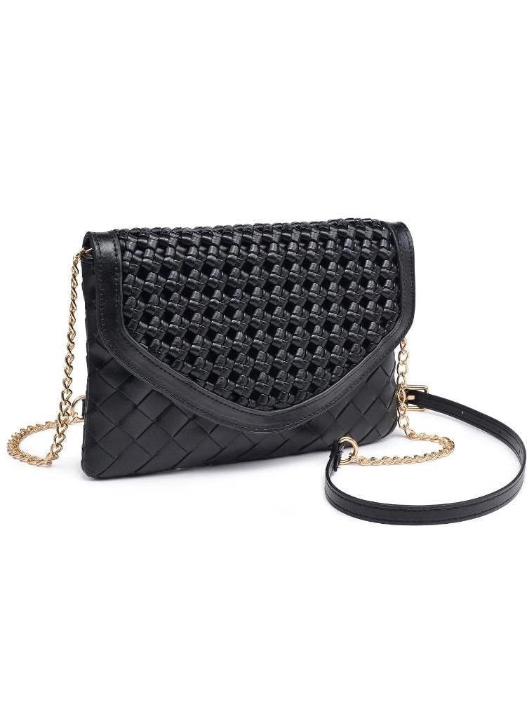 Black woven handbag with a chain strap on a white background