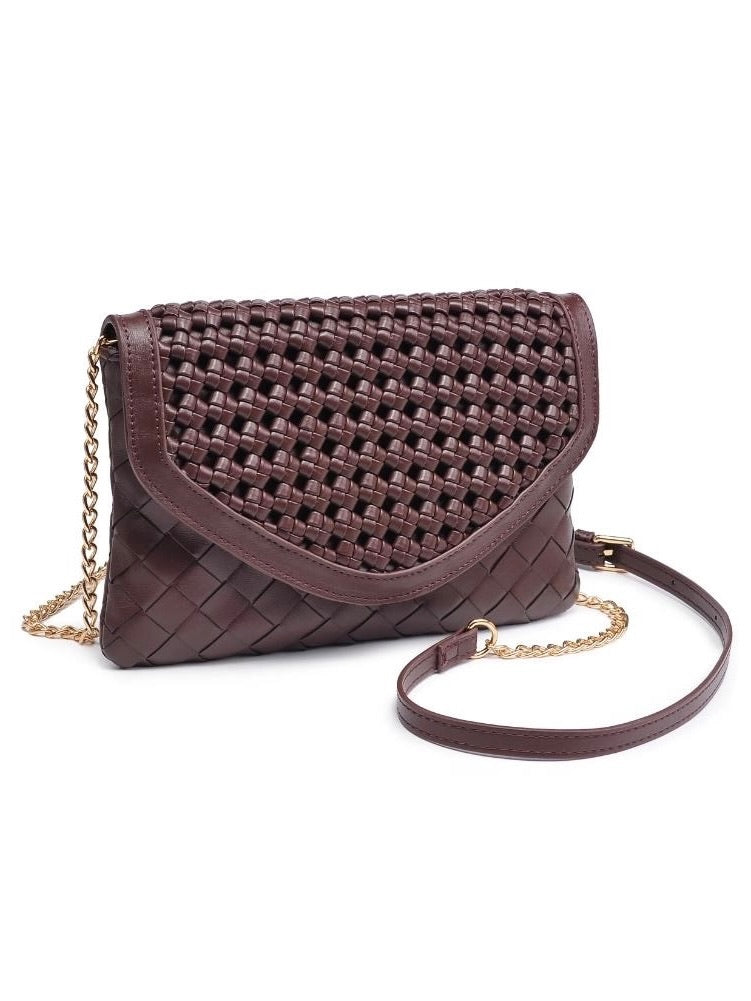 Woven brown handbag with a gold chain on a white background