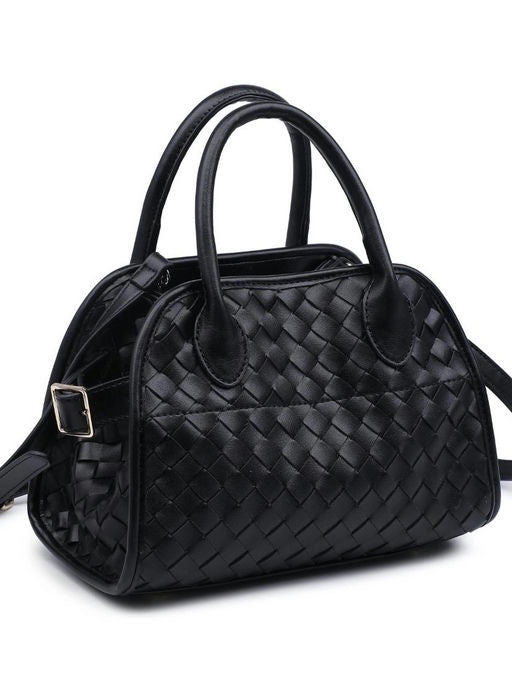Black woven handbag on a white background
