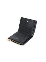 Black wallet with gold accents on a white background