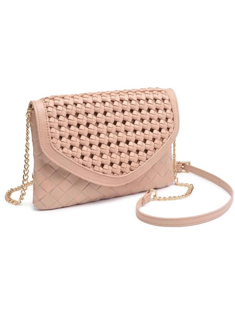Beige woven handbag with a chain strap on a white background