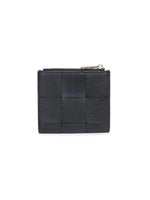 Black woven leather wallet on a white background