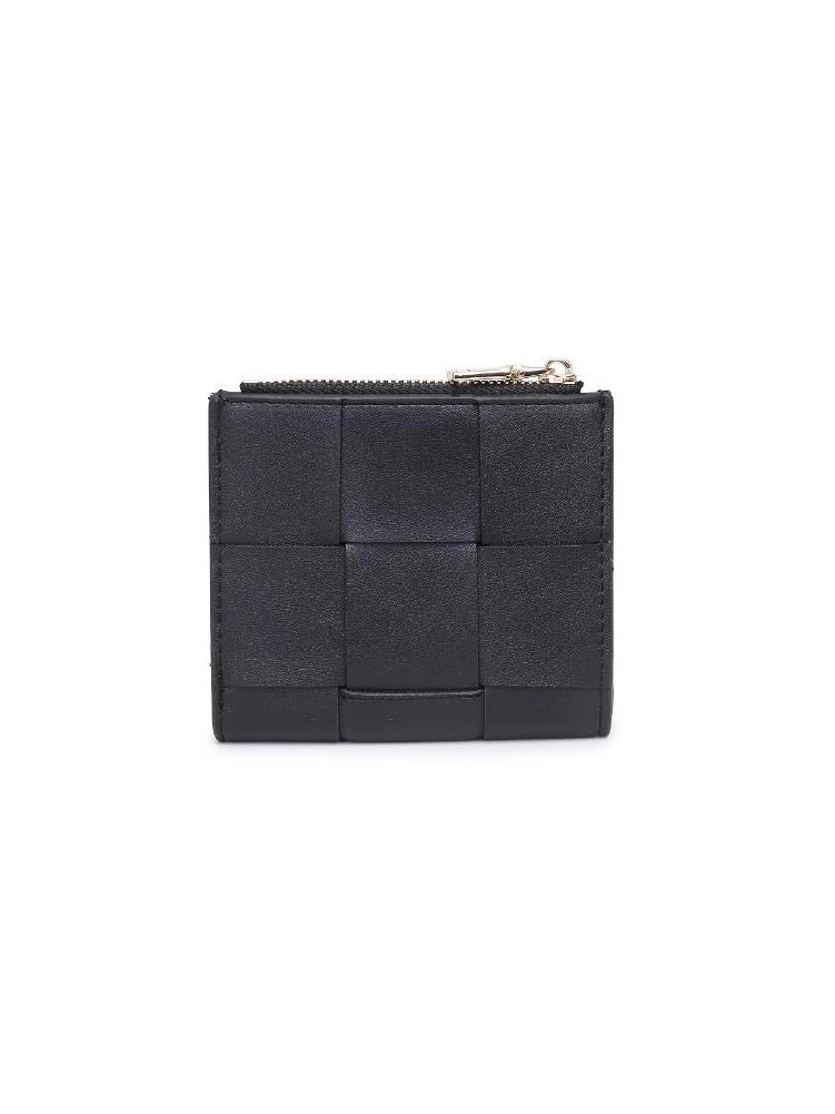 Black woven leather wallet on a white background