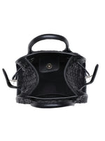 Black handbag with unique design on a white background