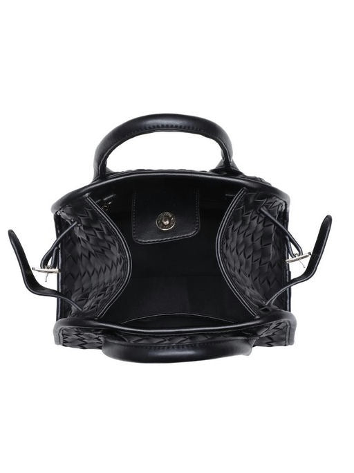 Black handbag with unique design on a white background