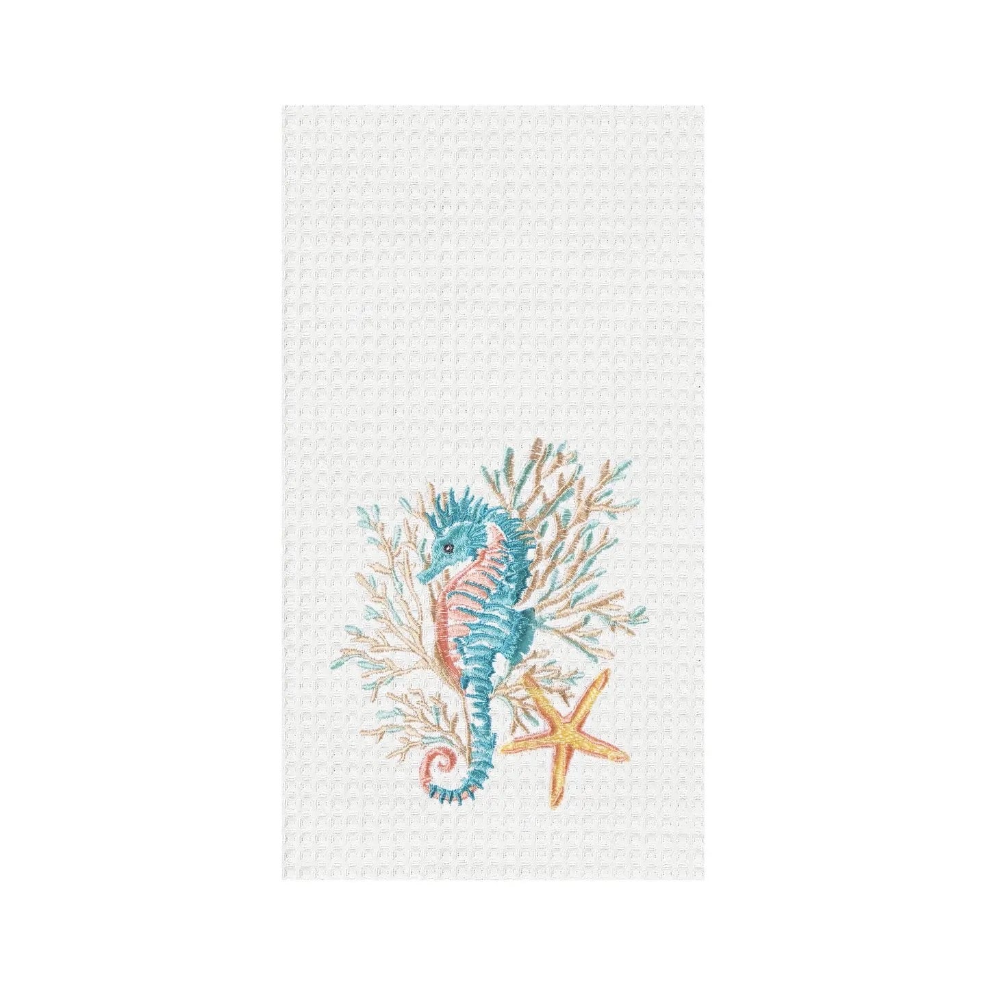 Embroidered design of a seahorse and starfish on a textured white fabric background