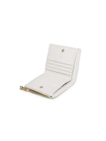 White wallet with gold accents on a white background