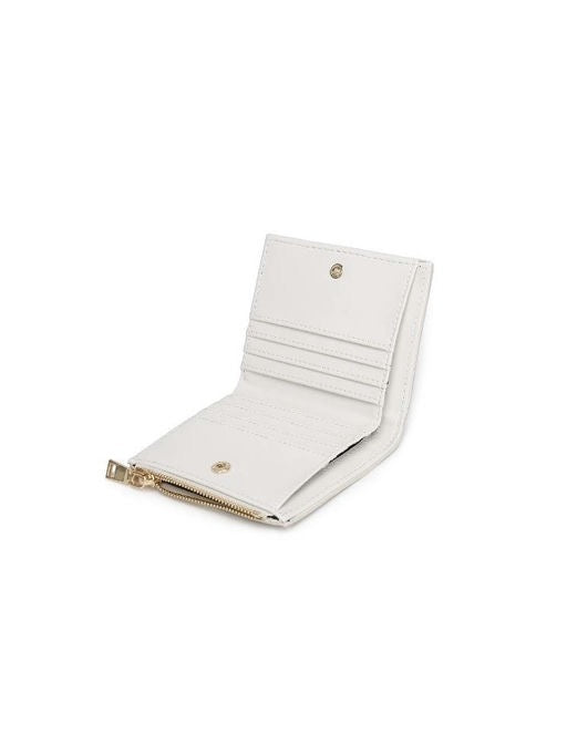 White wallet with gold accents on a white background