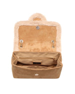 Open tan bag with fur lining on a white background