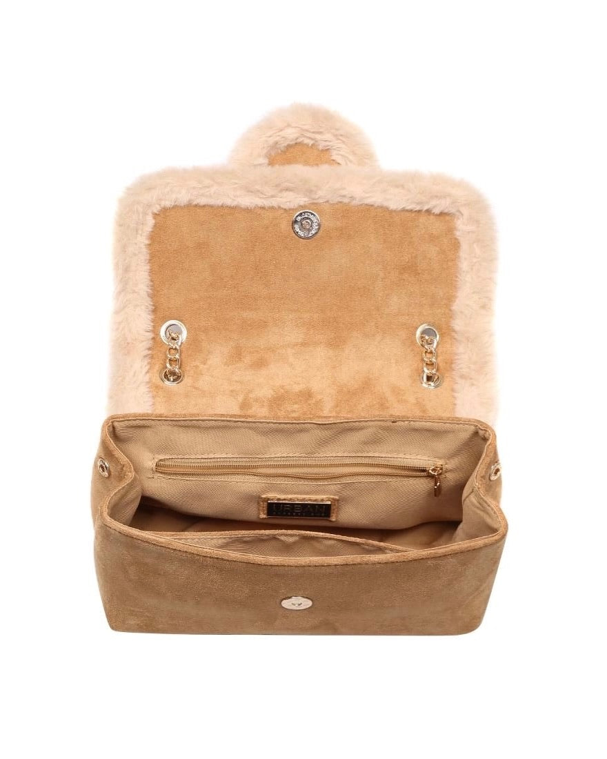 Open tan bag with fur lining on a white background
