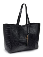 Black textured tote bag with a gold zipper on a white background