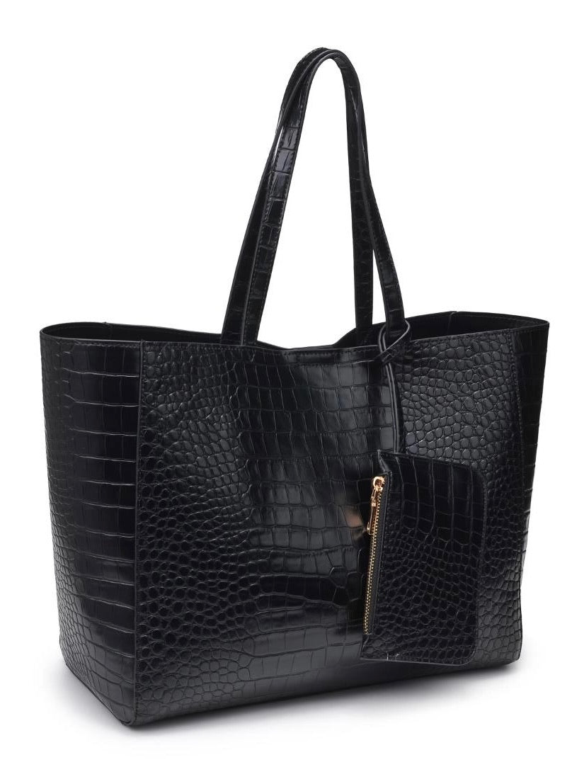 Black textured tote bag with a gold zipper on a white background