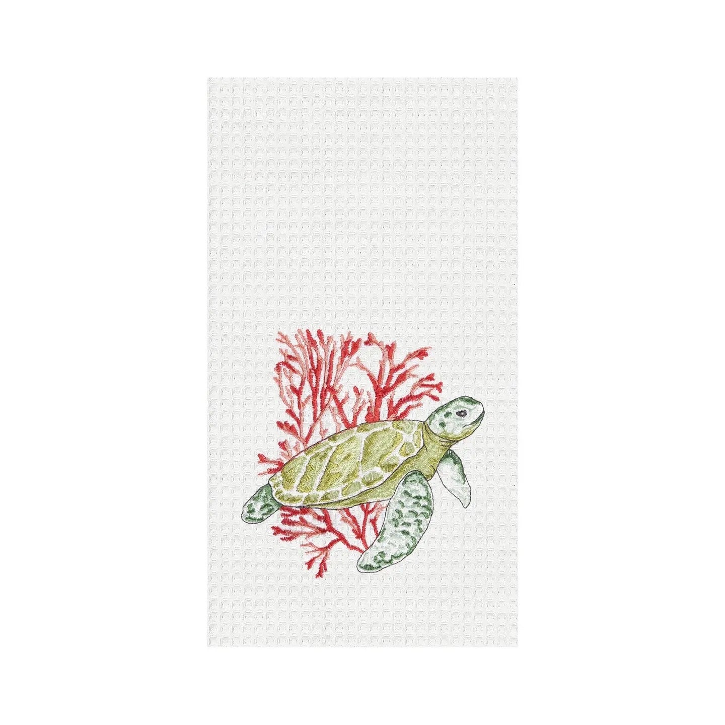 White towel with a green turtle and red coral design on a white background