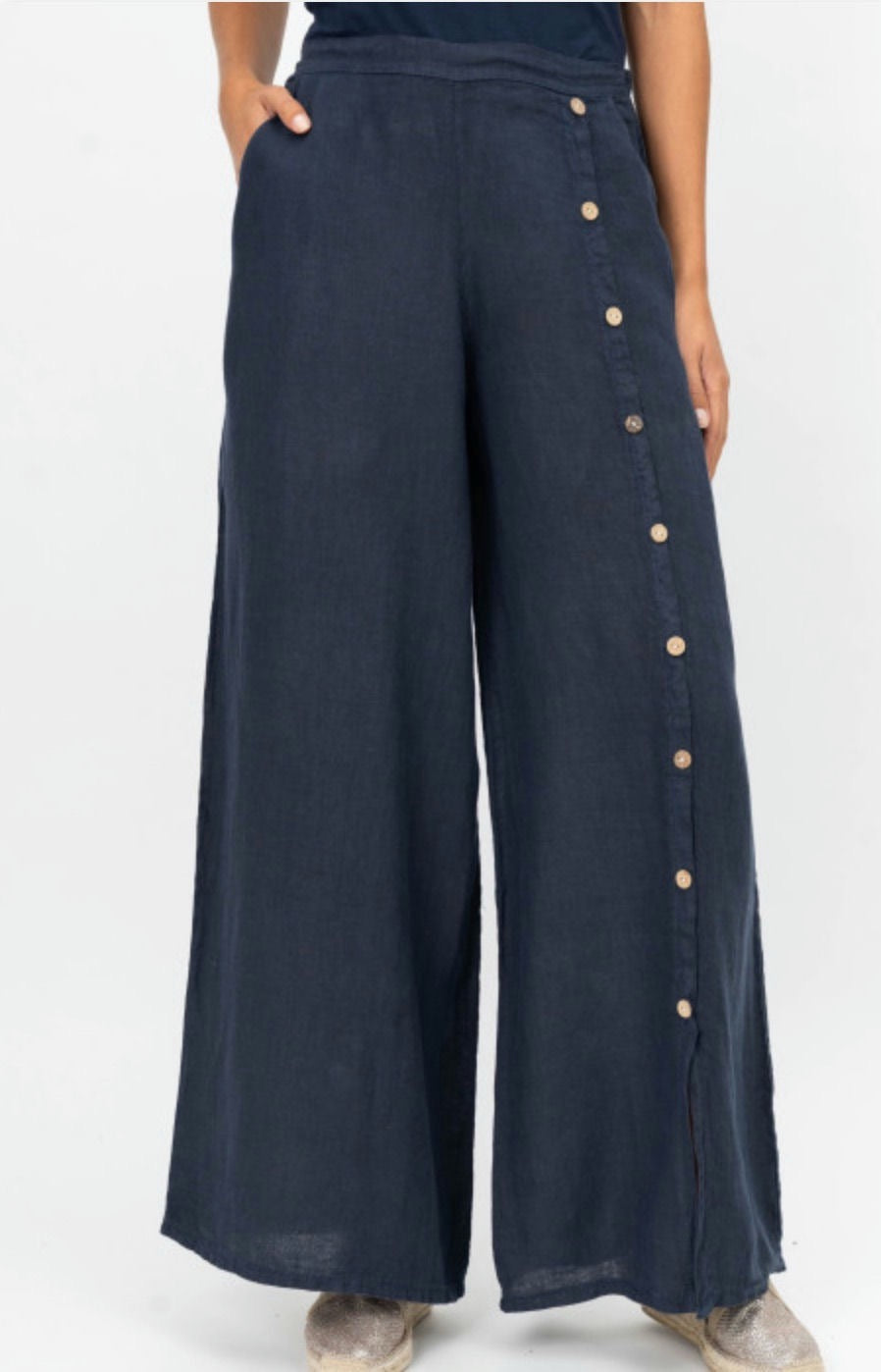 Elena Linen Button Front Pants in Navy