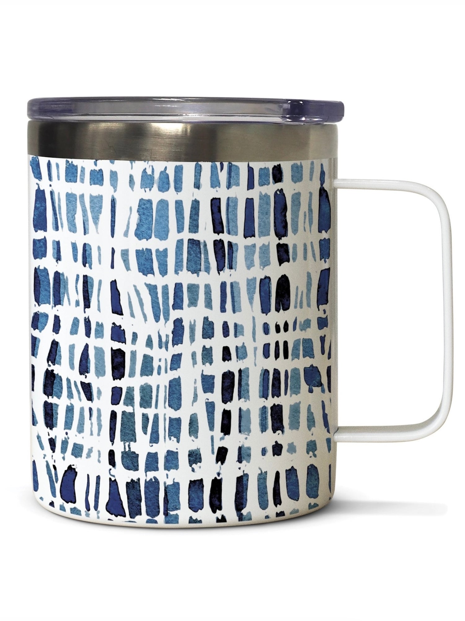 Stainless steel insulated 12oz mug with a wavy indigo watercolor design, white handle, and clear lid.”