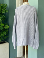 Back view of the Isabelle Sweater Cardigan in blue grey showing the cozy waffle-knit texture