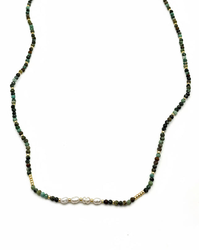 Isla African Green Turquoise & Freshwater Pearl Necklace with gold stainless steal finishings