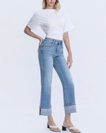side view of medium light wash cuffed slim wide jeans from Ardor Boutique