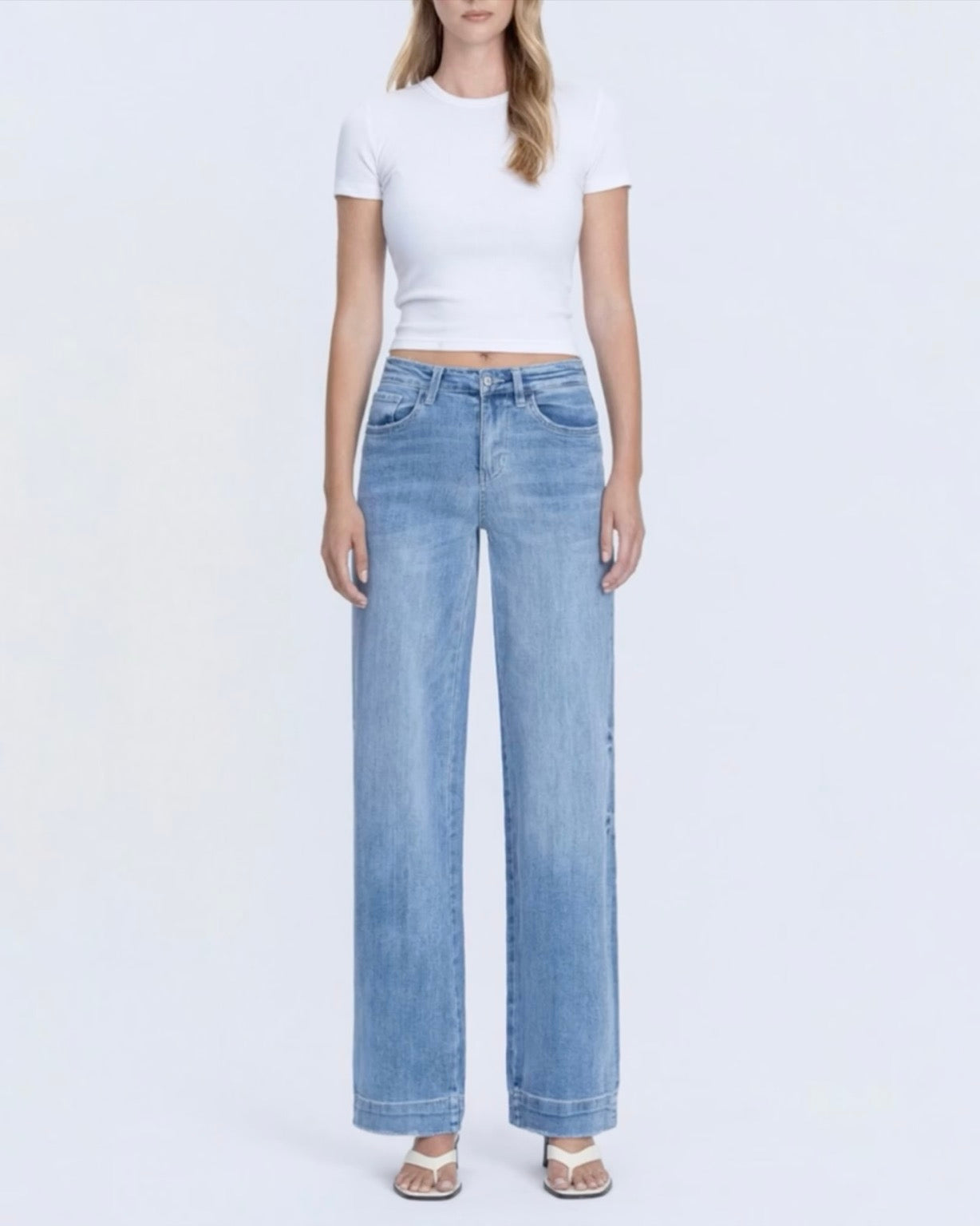 Kasey Trouse Hem Denim full length view on model