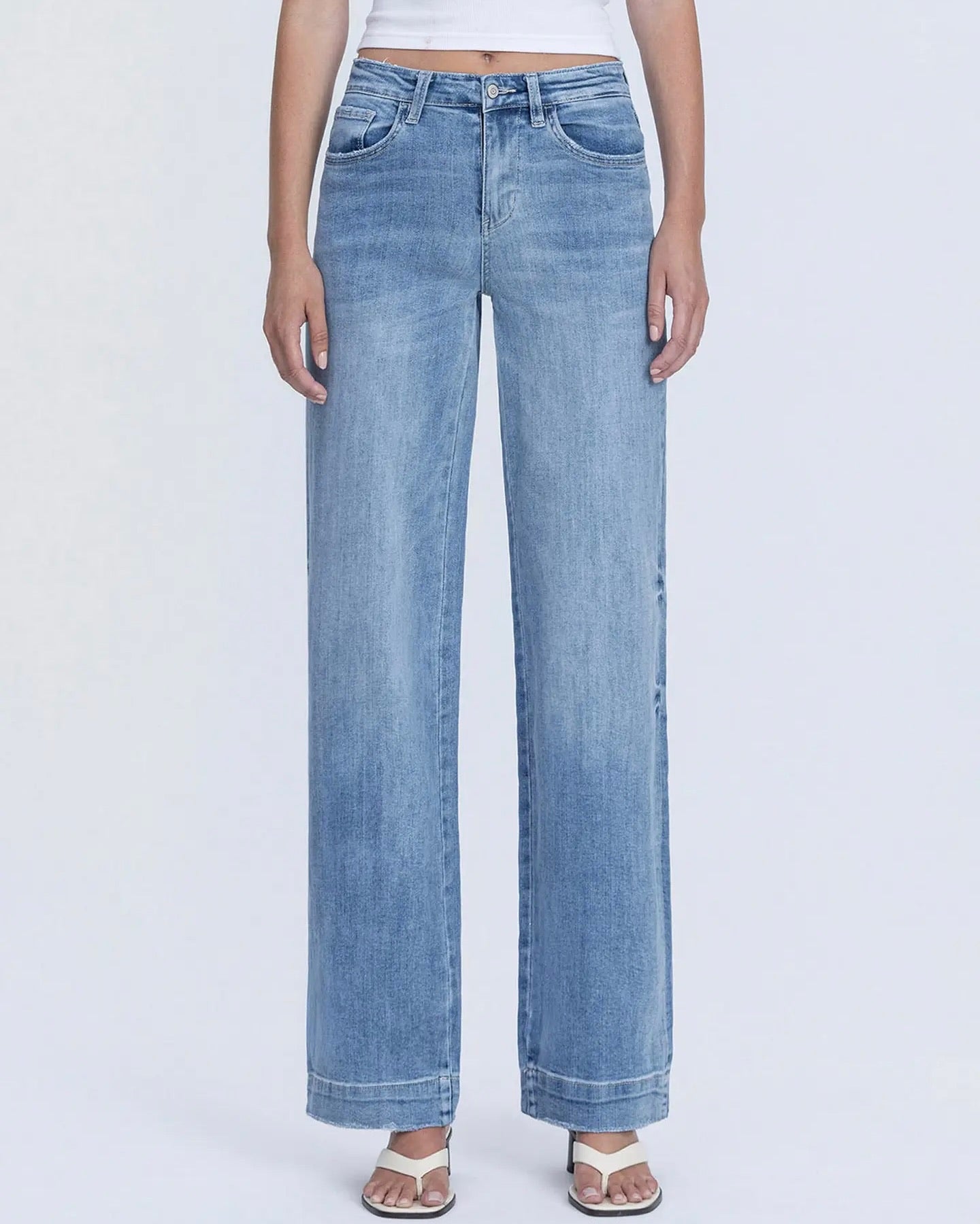 front view of high rise wide leg comfort stretch jeans from Ardor Boutique
