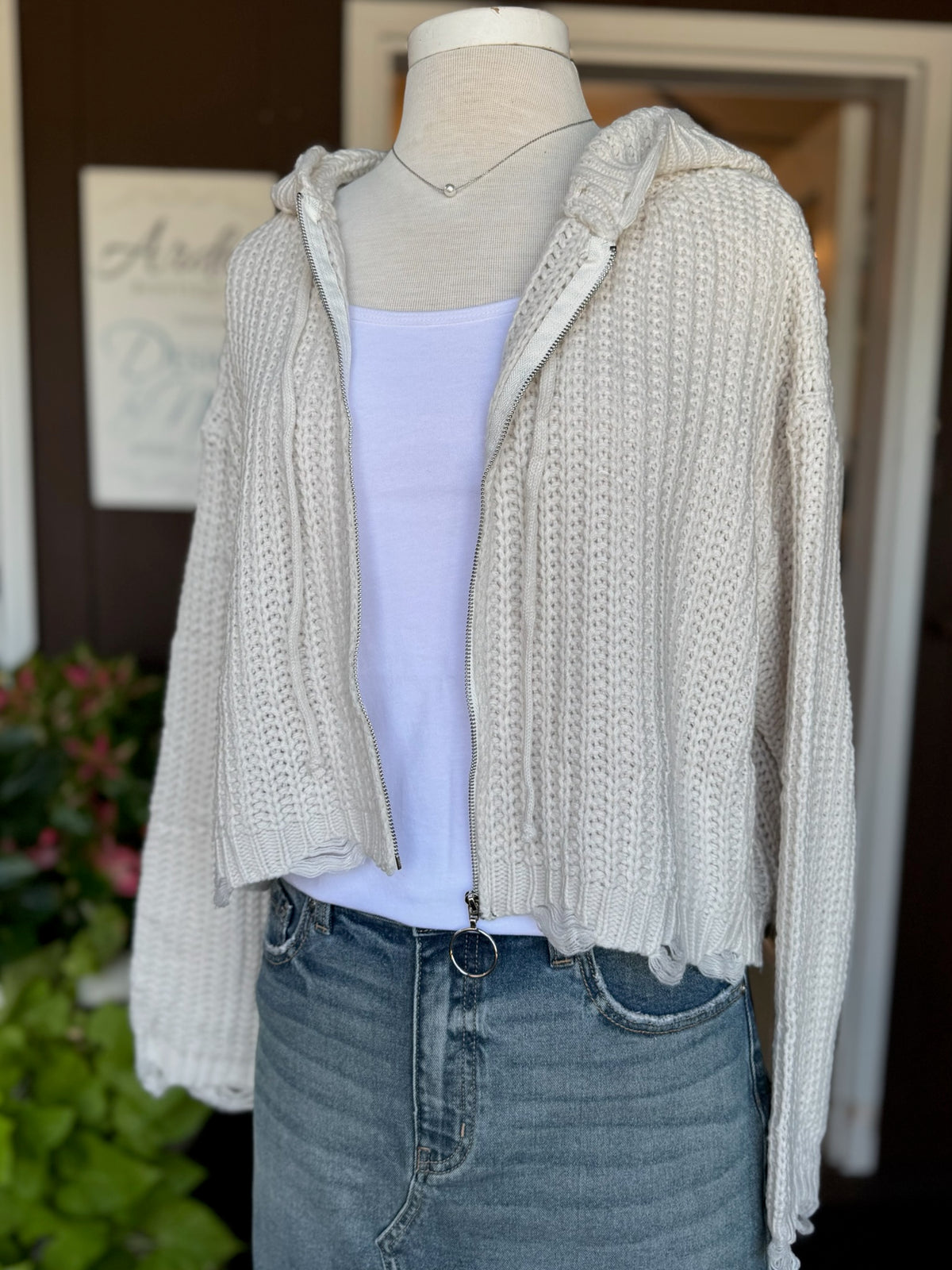 Kennedy Hoodie in Ivory at Ardor Boutique Nisswa. front view paired with white basic tank and simple pearl necklace