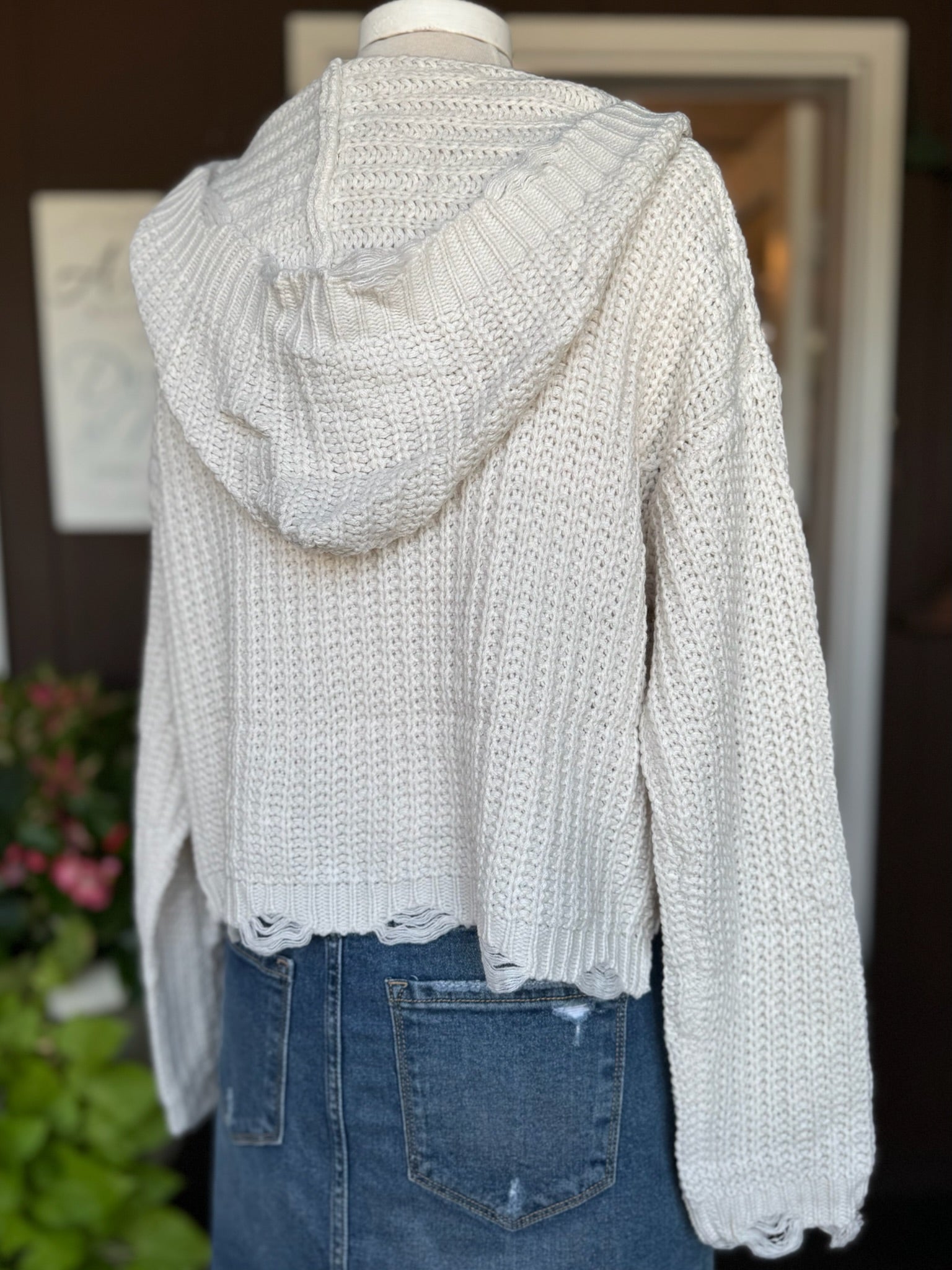Kennedy Hoodie in Ivory back view. Showing distressed hemline and oversized hoodie