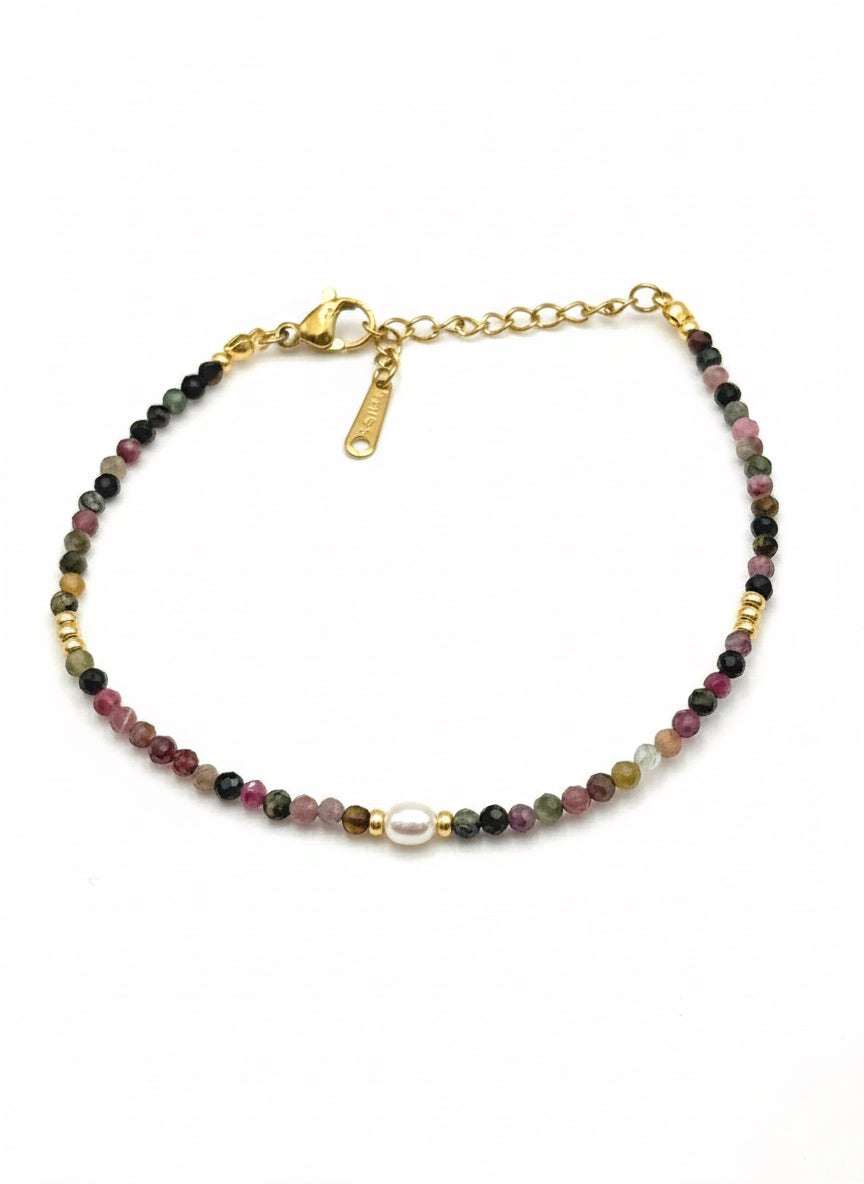 Lila Tourmaline & Freshwater Pearl Bracelet with stainless steel finishings