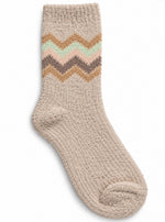 A single beige knit sock with a multi-colored chevron pattern near the cuff, featuring stripes of brown, peach, mint green, and caramel, shown on a white background.