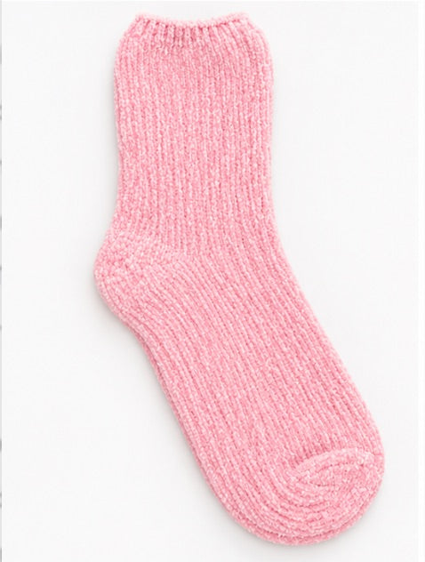Marissa Fuzzy Socks in pink with subtle white threading, featuring a plush ribbed knit texture and cozy crew-length design at Ardor Boutique